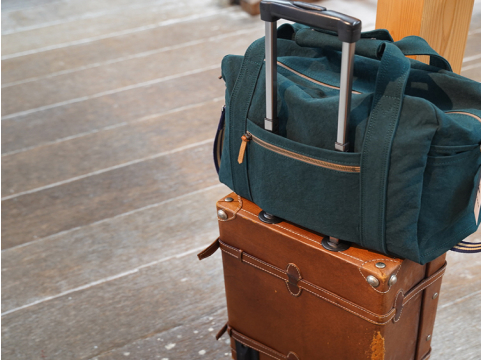 茶色いキャリーバッグに緑色のバッグ